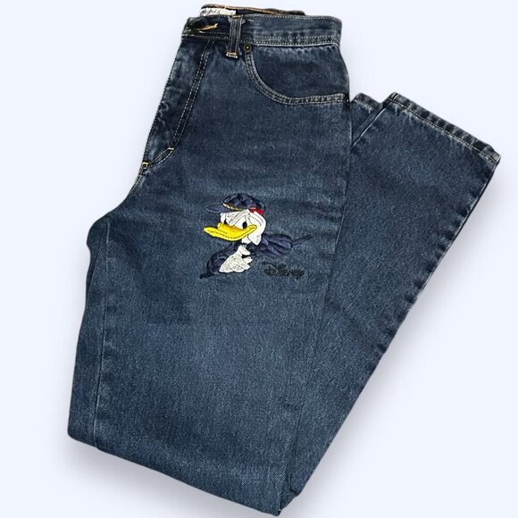 Vintage EMMANUEL SCHVILI Embroidered Disney Donald Duck Jeans 42 Small Navy Blue - Picture 1 of 6